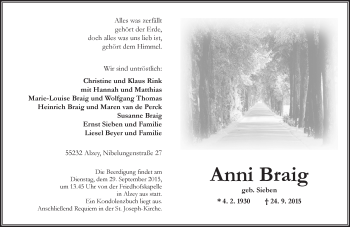 Traueranzeige von Anni Braig von  Alzey