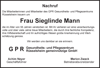 Traueranzeige von Sieglinde Mann von trauer.echo-online.de