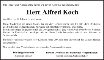 Traueranzeige von Alfred Koch von  Kreisanzeiger