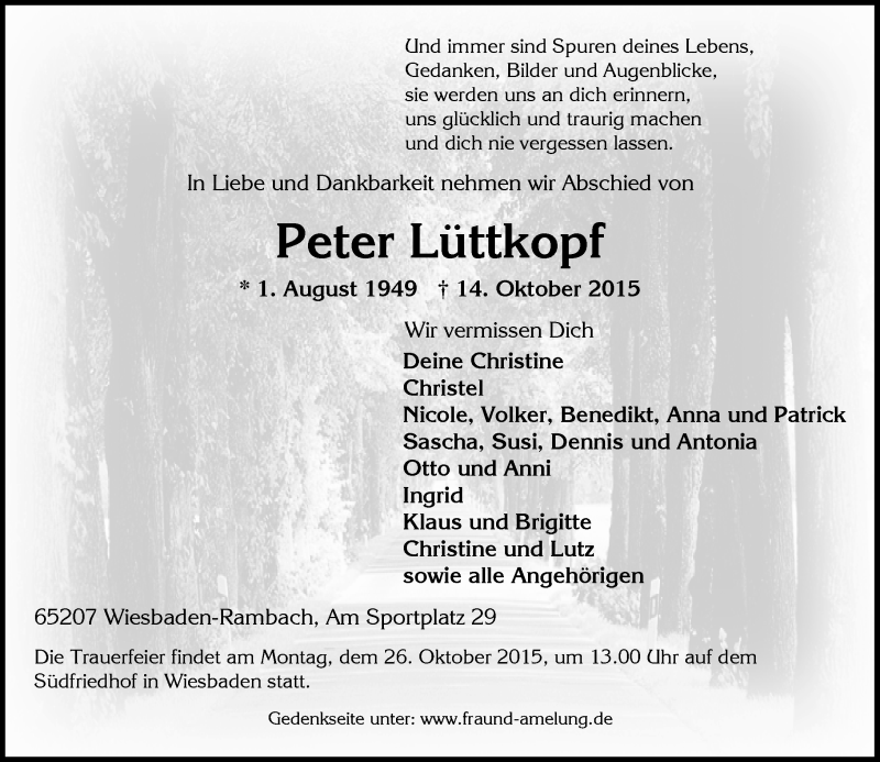  Traueranzeige für Peter Lüttkopf vom 21.10.2015 aus  WI-komplett