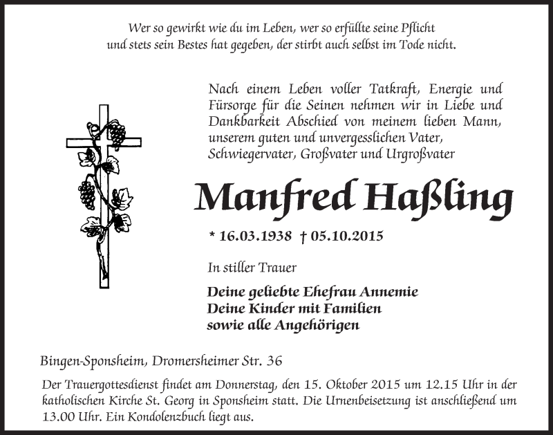  Traueranzeige für Manfred Haßling vom 10.10.2015 aus  Ingelheim-Bingen