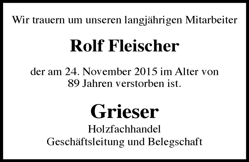  Traueranzeige für Rolf Fleischer vom 27.11.2015 aus trauer.echo-online.de