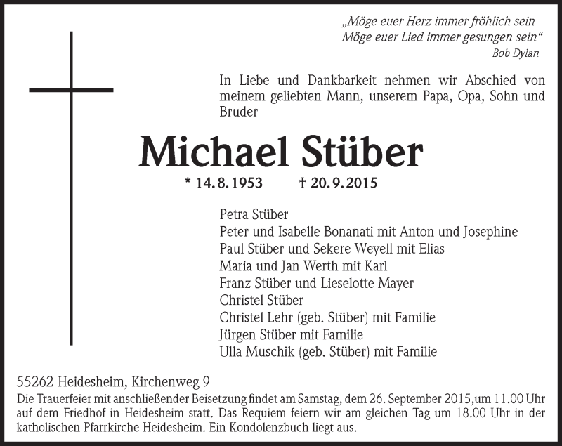  Traueranzeige für Michael Stüber vom 24.09.2015 aus  Ingelheim-Bingen