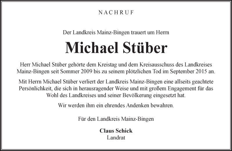 Traueranzeige für Michael Stüber vom 24.09.2015 aus  Ingelheim-Bingen