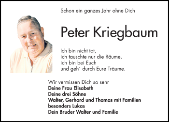 Traueranzeige von Peter Kriegbaum von trauer.echo-online.de