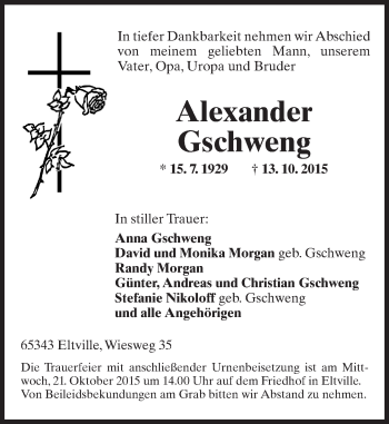 Traueranzeige von Alexander Gschweng von  WI-komplett
