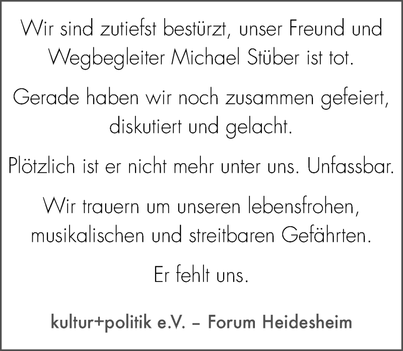  Traueranzeige für Michael Stüber vom 23.09.2015 aus  Ingelheim-Bingen