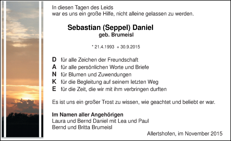  Traueranzeige für Sebastian Daniel vom 07.11.2015 aus trauer.echo-online.de