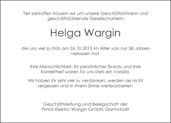 Traueranzeige von Helga Wargin von trauer.echo-online.de