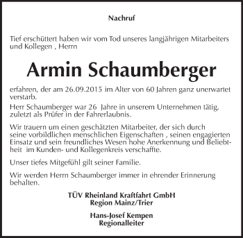 Traueranzeige von Armin Schaumberger von  Mainz