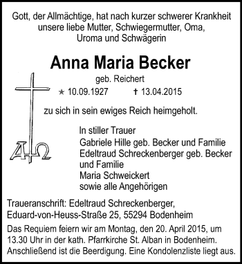 Traueranzeige von Anna Maria Becker von  Mainz