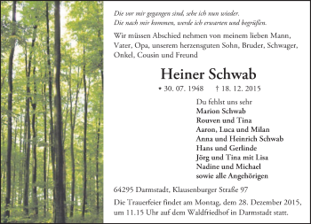 Traueranzeige von Heiner Schwab von trauer.echo-online.de