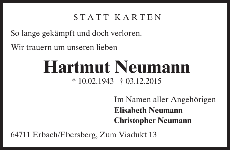  Traueranzeige für Hartmut Neumann vom 09.12.2015 aus trauer.echo-online.de