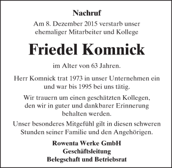 Traueranzeige von Friedel Komnick von trauer.echo-online.de