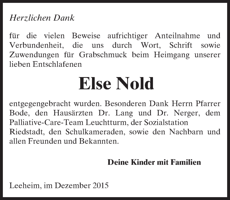  Traueranzeige für Else Nold vom 05.12.2015 aus trauer.echo-online.de
