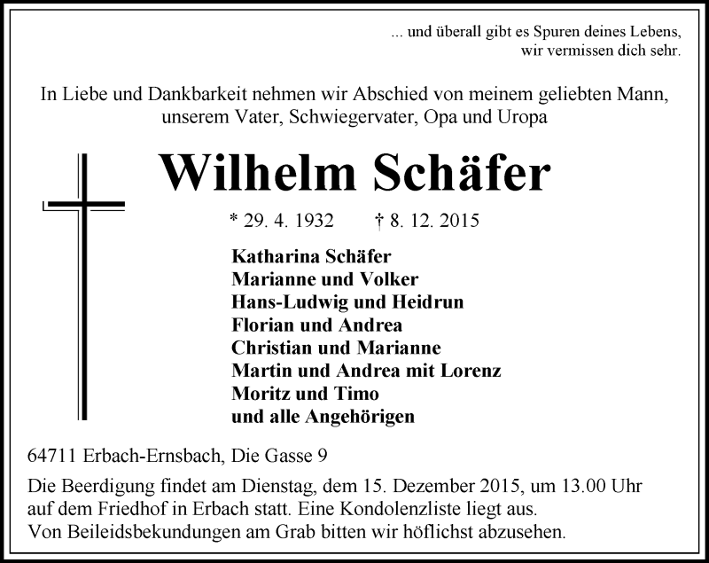 Traueranzeige für Wilhelm Schäfer vom 12.12.2015 aus trauer.echo-online.de