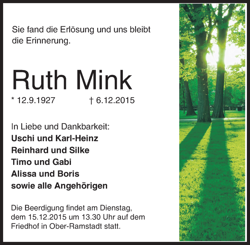  Traueranzeige für Ruth Mink vom 12.12.2015 aus trauer.echo-online.de