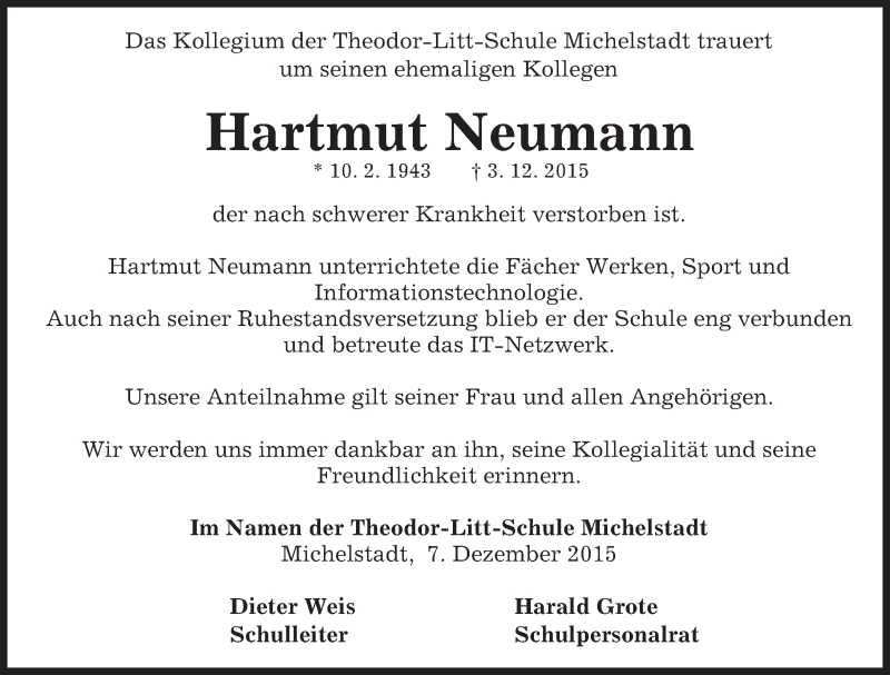  Traueranzeige für Hartmut Neumann vom 09.12.2015 aus trauer.echo-online.de