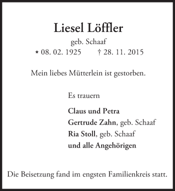Traueranzeige von Liesel Löffler von trauer.echo-online.de
