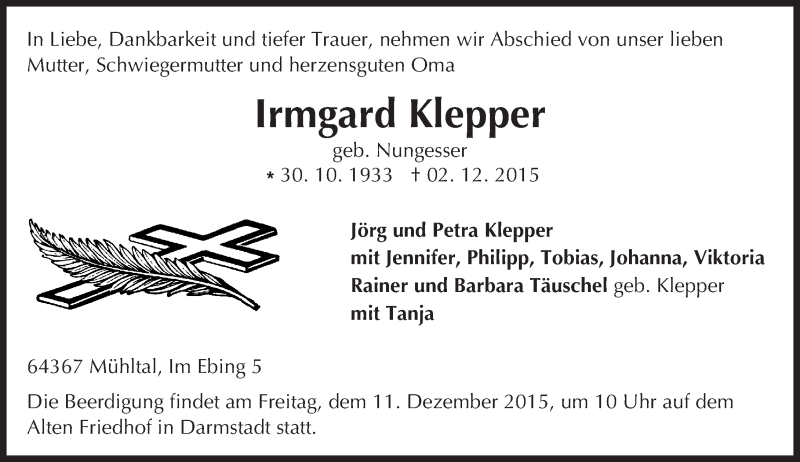  Traueranzeige für Irmgard Klepper vom 05.12.2015 aus trauer.echo-online.de