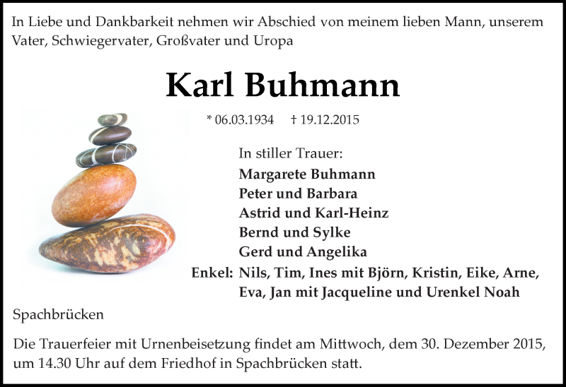  Traueranzeige für Karl Buhmann vom 23.12.2015 aus trauer.echo-online.de