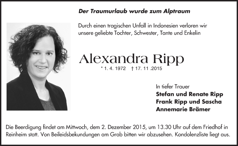  Traueranzeige für Alexandra Ripp vom 01.12.2015 aus trauer.echo-online.de