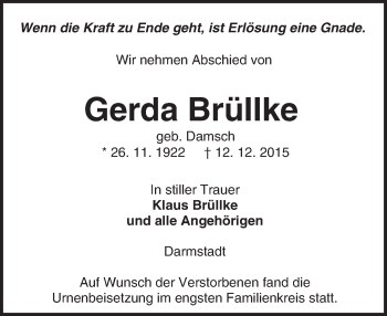 Traueranzeige von Gerda Brüllke von trauer.echo-online.de