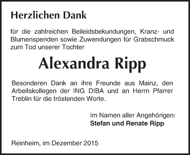  Traueranzeige für Alexandra Ripp vom 12.12.2015 aus trauer.echo-online.de