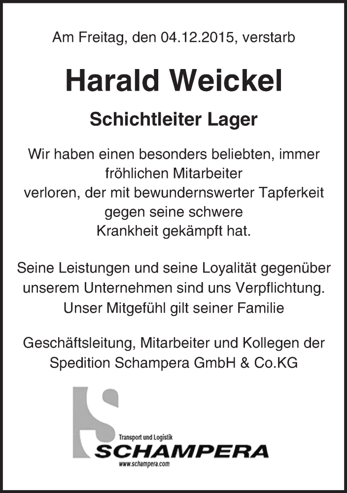  Traueranzeige für Harald Weickel vom 12.12.2015 aus trauer.echo-online.de