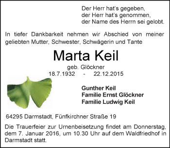 Traueranzeige von Marta Keil von trauer.echo-online.de