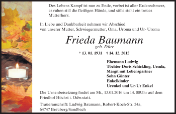 Traueranzeige von Frieda Baumann von trauer.echo-online.de