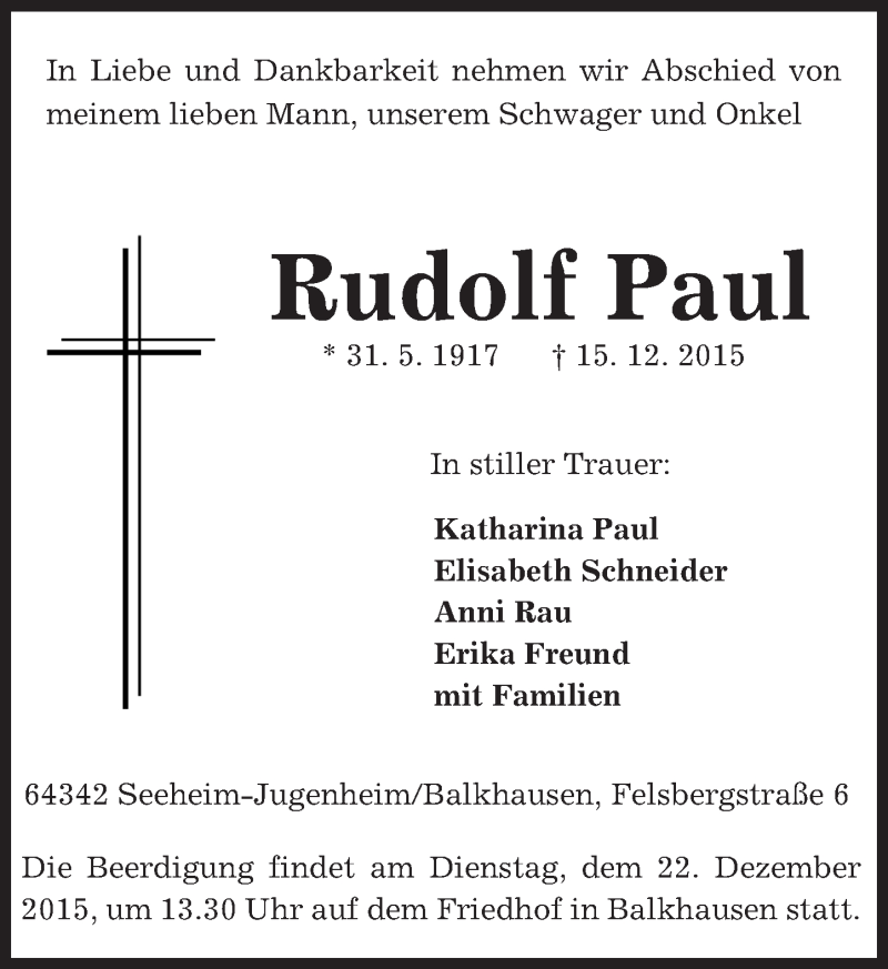  Traueranzeige für Rudolf Paul vom 19.12.2015 aus trauer.echo-online.de