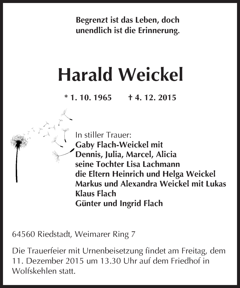  Traueranzeige für Harald Weickel vom 09.12.2015 aus trauer.echo-online.de