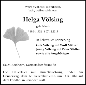 Traueranzeige von Helga Völsing von trauer.echo-online.de