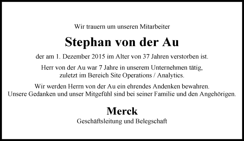  Traueranzeige für Stephan von der Au vom 11.12.2015 aus trauer.echo-online.de