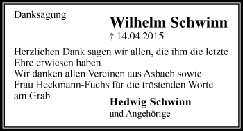 Traueranzeige von Wilhelm Schwinn von trauer.echo-online.de