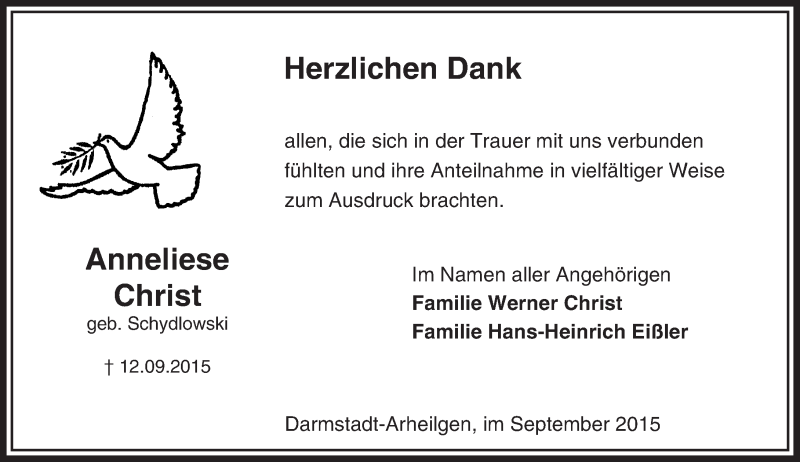  Traueranzeige für Anneliese Christ vom 26.09.2015 aus trauer.echo-online.de