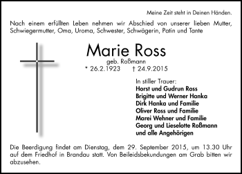 Traueranzeige von Marie Ross von trauer.echo-online.de