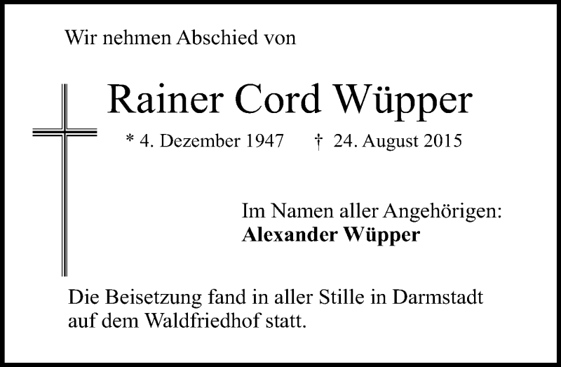  Traueranzeige für Rainer Cord vom 26.09.2015 aus trauer.echo-online.de
