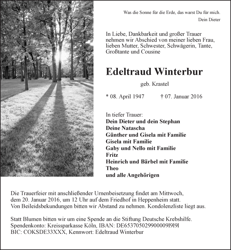  Traueranzeige für Edeltraud Winterbur vom 16.01.2016 aus trauer.echo-online.de