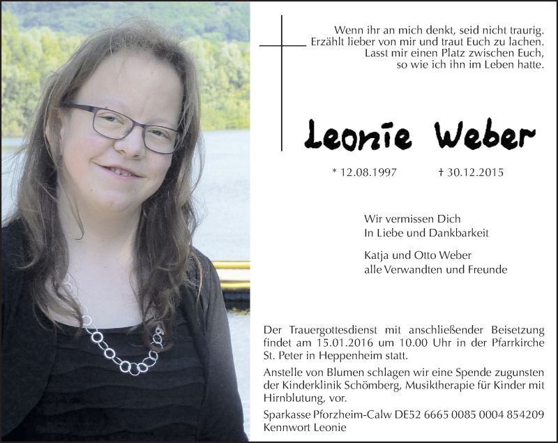 Traueranzeige für Leonie Weber vom 09.01.2016 aus trauer.echo-online.de