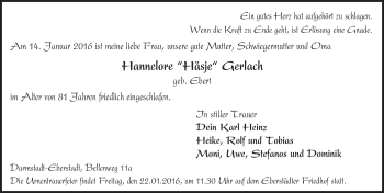 Traueranzeige von Hannelore Gerlach von trauer.echo-online.de
