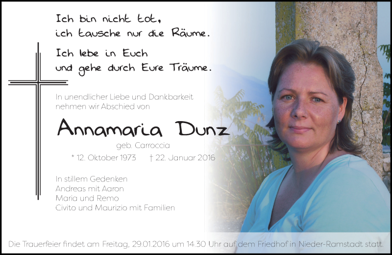  Traueranzeige für Annamaria Dunz vom 26.01.2016 aus trauer.echo-online.de