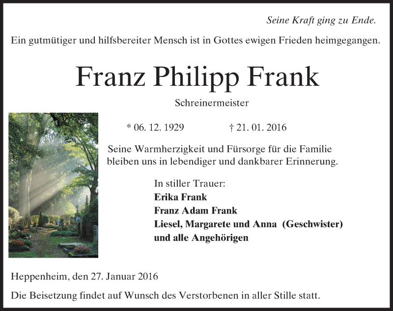  Traueranzeige für Franz Philipp Frank vom 27.01.2016 aus trauer.echo-online.de