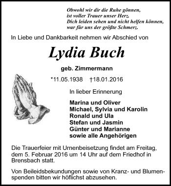 Traueranzeige von Lydia Buch von trauer.echo-online.de
