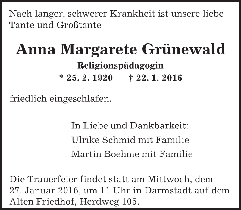  Traueranzeige für Anna Margarete Grünewald vom 26.01.2016 aus trauer.echo-online.de