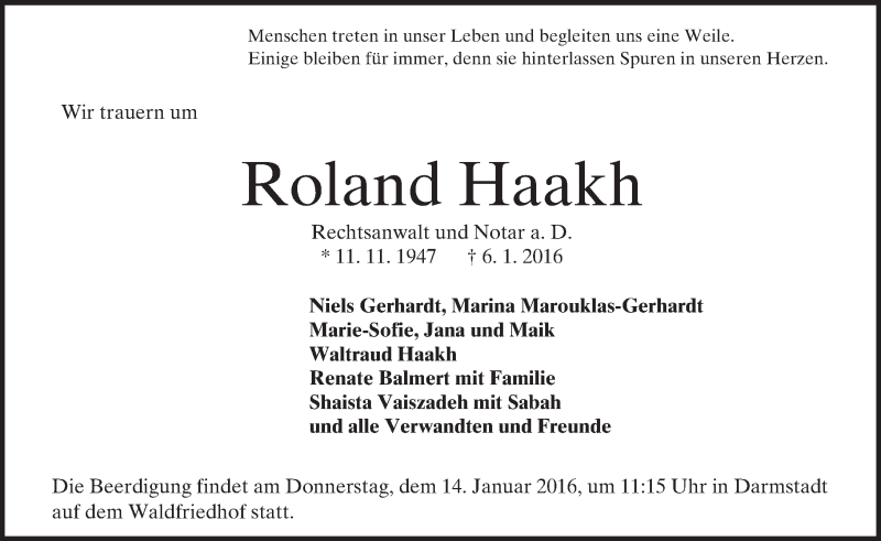  Traueranzeige für Roland Haakh vom 09.01.2016 aus trauer.echo-online.de