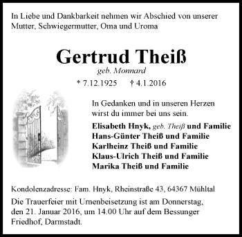 Traueranzeige von Gertrud Theiß von trauer.echo-online.de