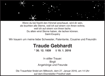 Traueranzeige von Traude Gebhardt von trauer.echo-online.de