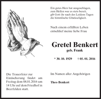 Traueranzeige von Gretel Benkert von trauer.echo-online.de